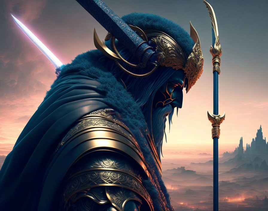 Armored Figure with Horned Helmet and Blue Cape Holding Staff in Twilight Scene