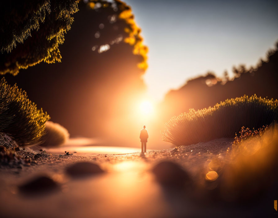 Person's silhouette at end of sunlit path with trees and warm sunset glow