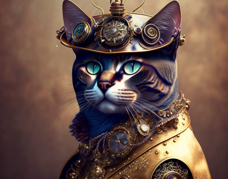 Steampunk-inspired cat digital artwork with intricate goggles and metallic ornaments on brown background