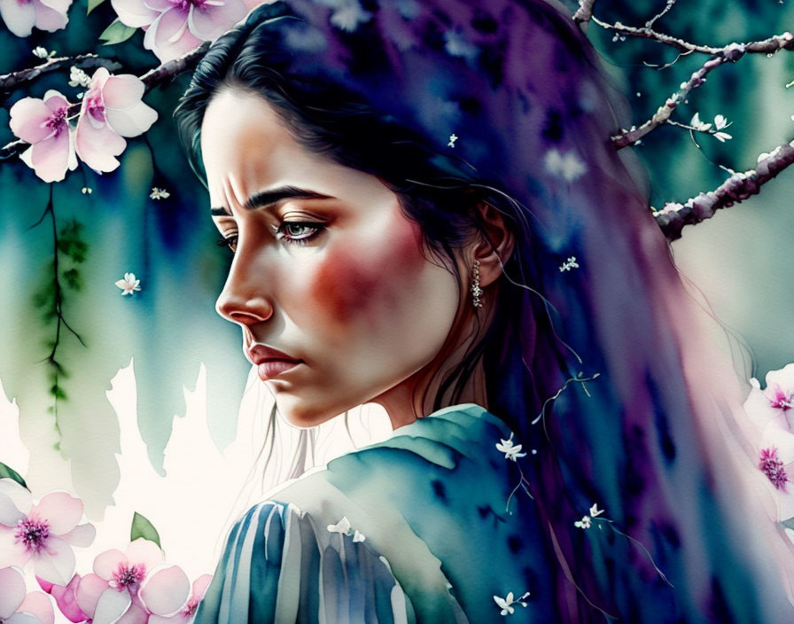 Pensive woman with cherry blossoms and contrasting dark hair