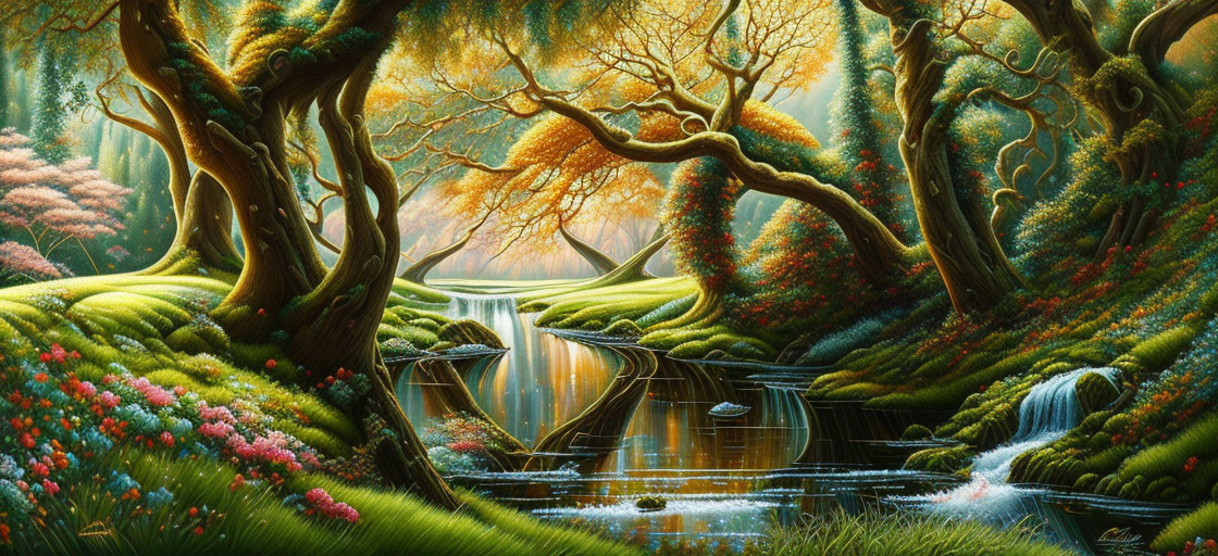 Vibrant forest scene with waterfall and serene river in lush nature