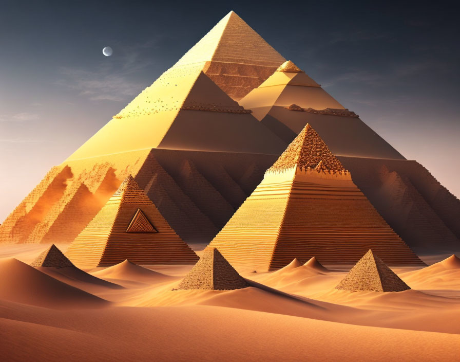 Desert landscape with golden pyramids and crescent moon