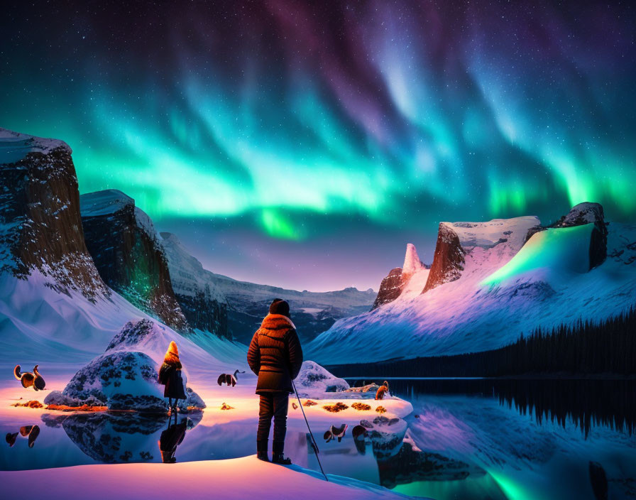 Person admiring snowy lakeside under vibrant aurora borealis.