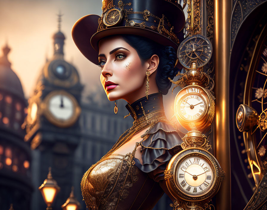 Steampunk-themed woman with top hat in clock and gear setting