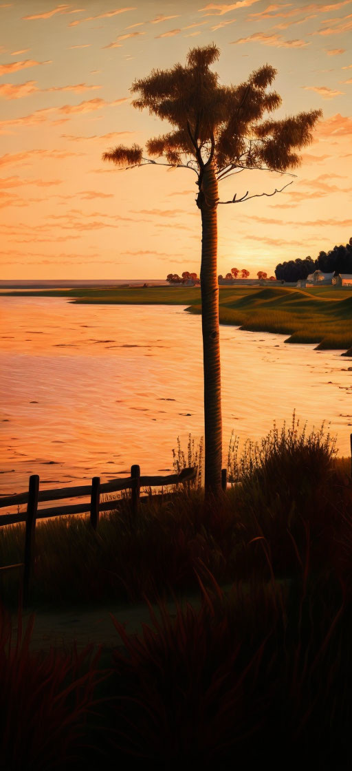 Solitary tree by water's edge at vibrant sunset.