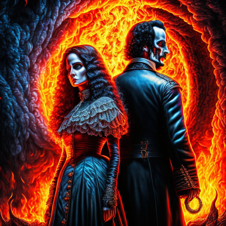 Victorian couple in somber poses against fiery gothic backdrop