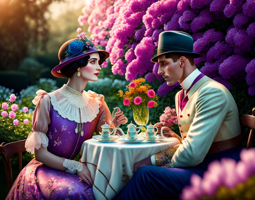 Couple in Vintage Attire Sitting at Garden Table Among Purple Flowers