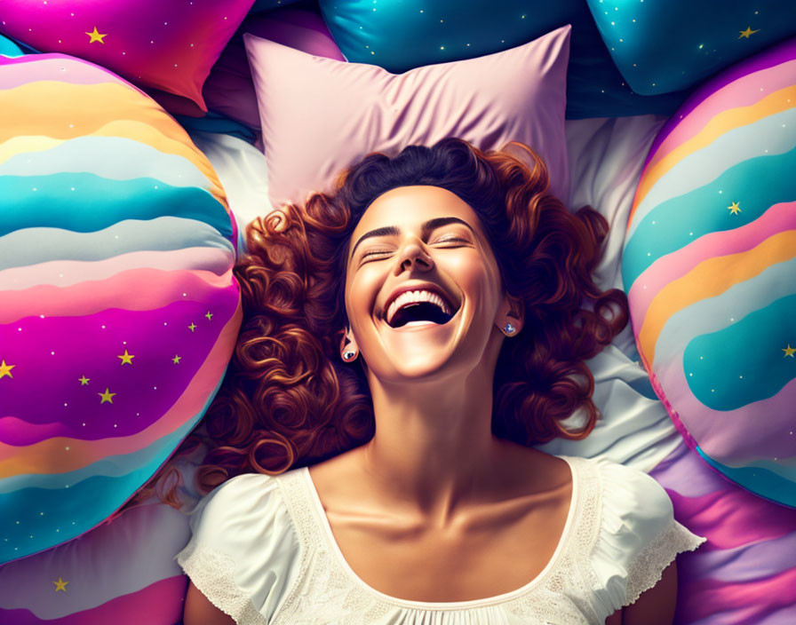 Joyful woman surrounded by balloons and pillows under starry sky