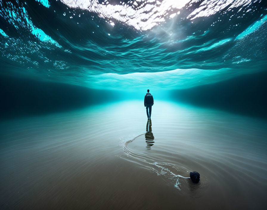 Person standing underwater in serene blue ambiance with light filtering from above