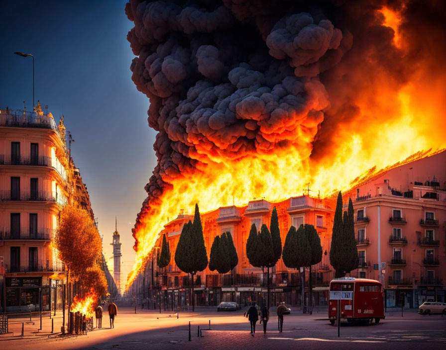 City street fire at sunset with billowing smoke and red bus bystander