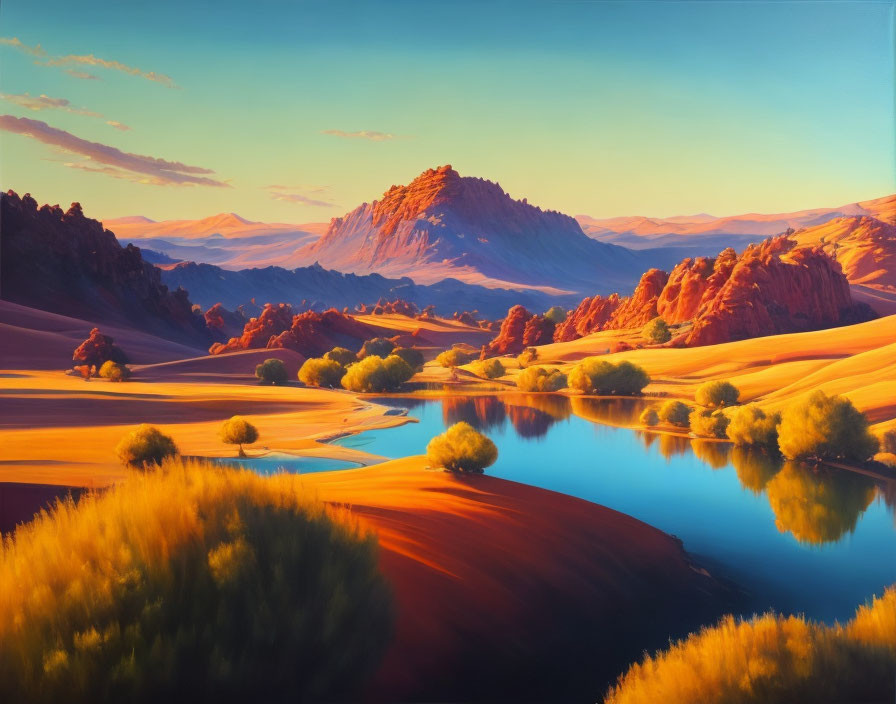 Tranquil landscape painting of serene river in colorful valley