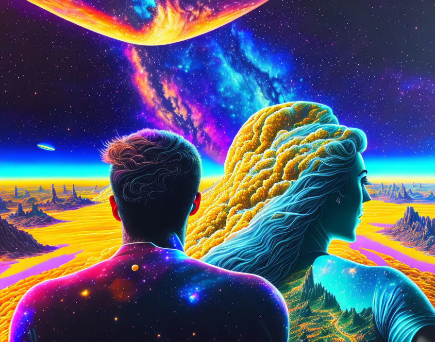 Colorful Cosmic Landscape with Silhouetted Couple