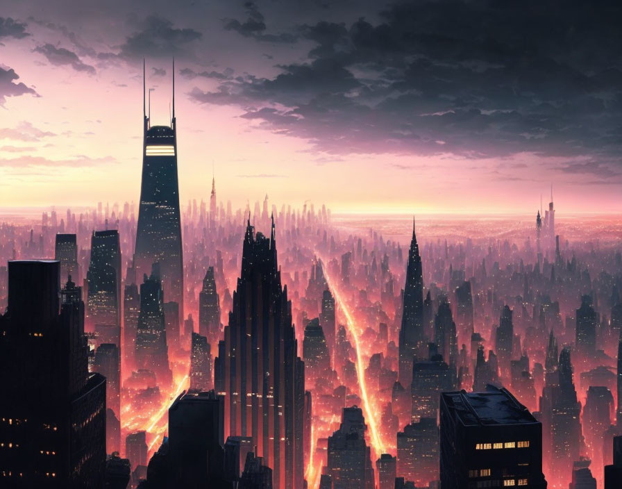 Futuristic cityscape at dusk with towering skyscrapers in pink and purple hues