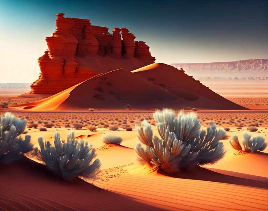 Majestic desert landscape at sunset with rock formation, sand dunes, and shrubs