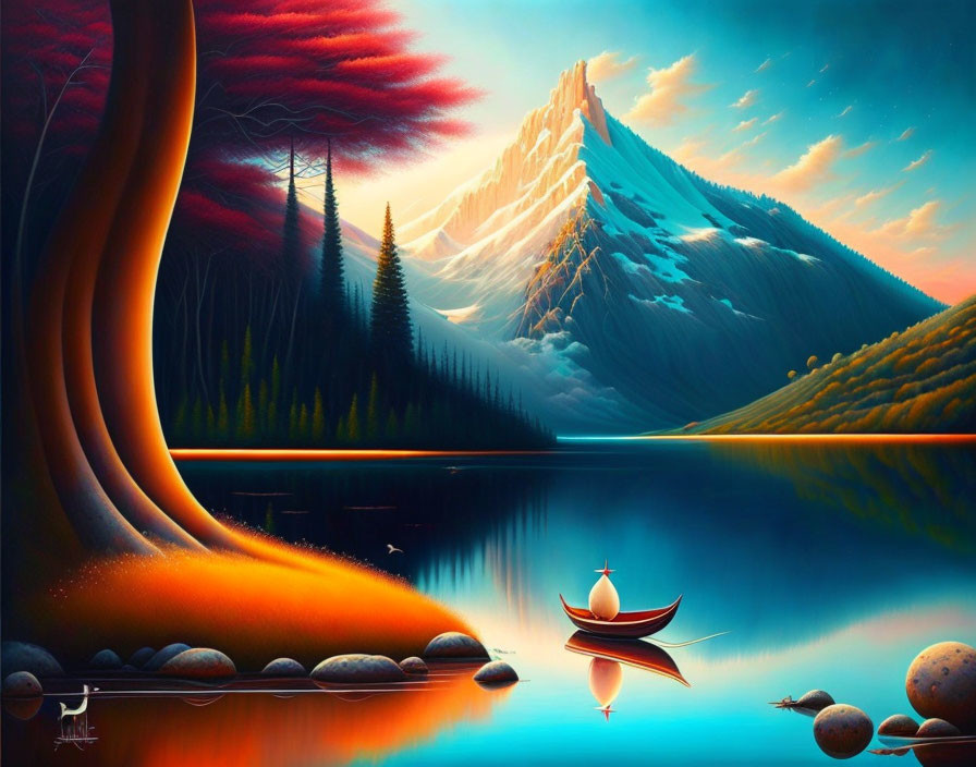 Digital Artwork: Serene Lake with Canoe, Colorful Forest, Snowy Mountain