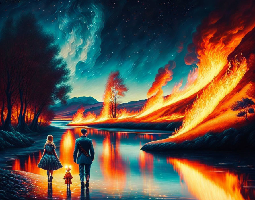 Two figures walking towards cosmic sky reflected in river, with fiery swirling trees.