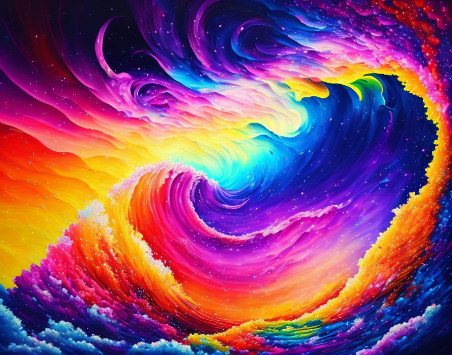 Colorful cosmic swirl of purple, blue, pink, and yellow in galaxy-like pattern