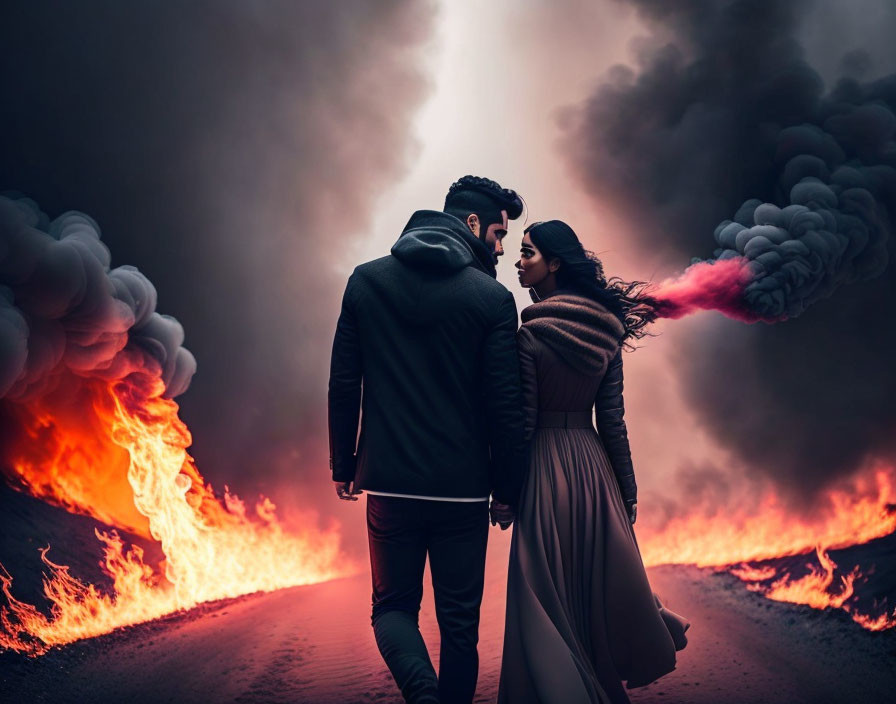 Couple walking on road surrounded by lava flows and smoke under dramatic sky