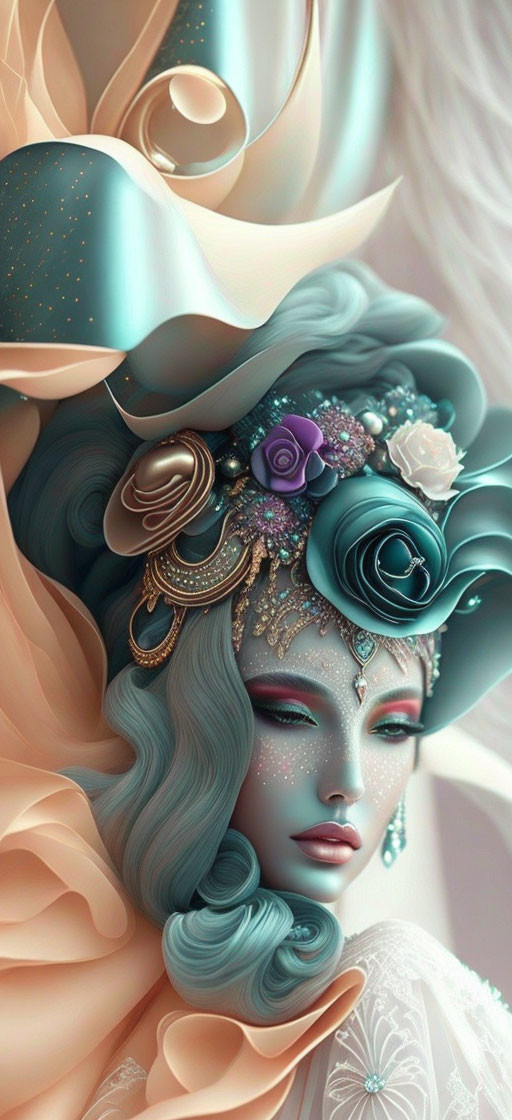 Ethereal being with blue hair and floral adornments in fantasy artwork