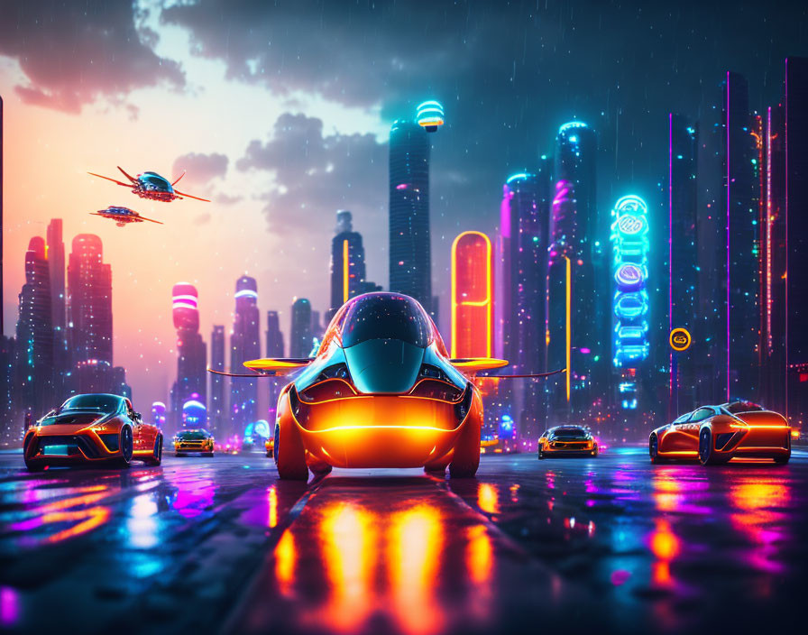 Futuristic cityscape at night with neon lights and flying vehicles