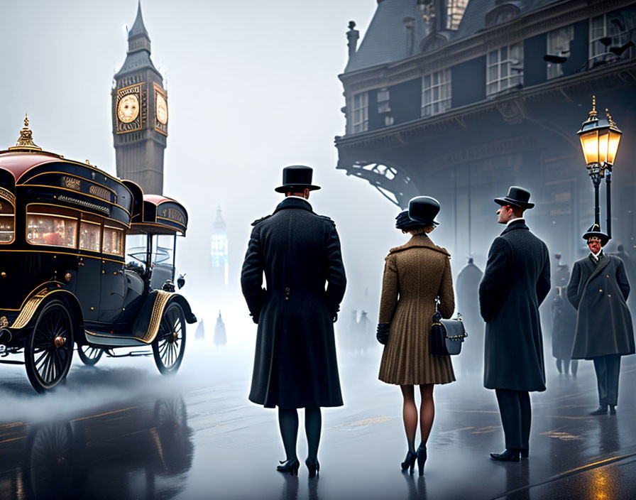 Victorian-style figures by vintage bus on foggy London street with Big Ben