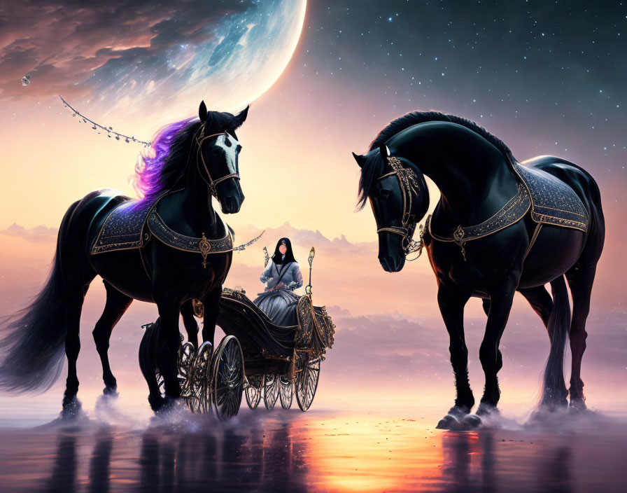 Two majestic black horses with chariot and robed figure under surreal sunset sky.