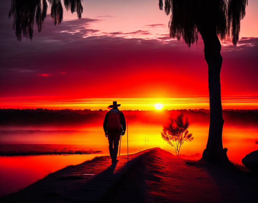 Silhouetted cowboy hat figure by lake at sunrise