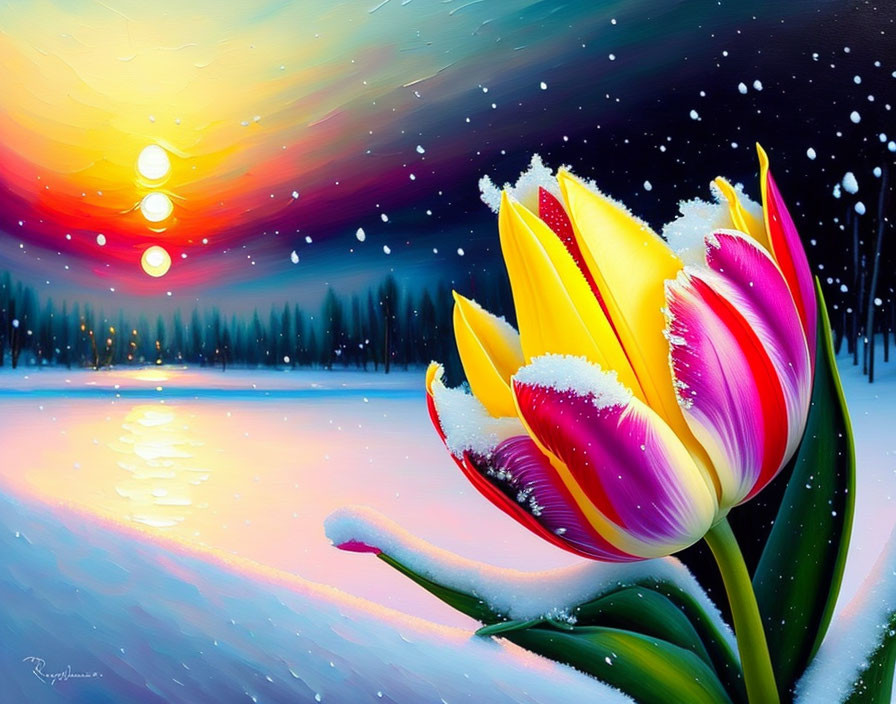 Snow-covered tulip in snowy landscape with sunset and falling snowflakes