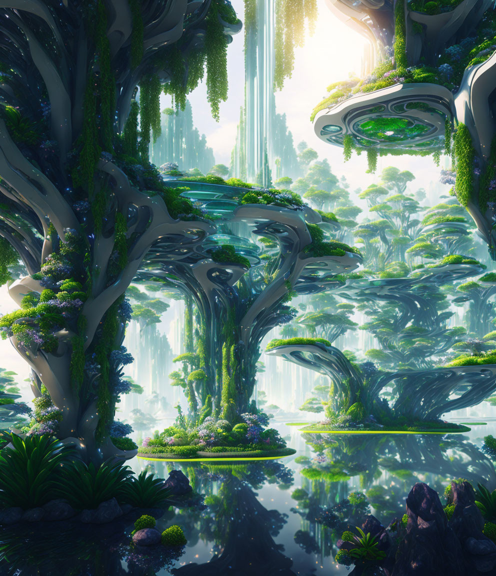 Enormous trees and vibrant greenery in lush forest landscape