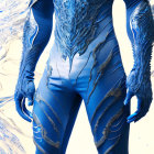 Person in Blue Textured Bodysuit with Feather-Like Patterns on Limbs