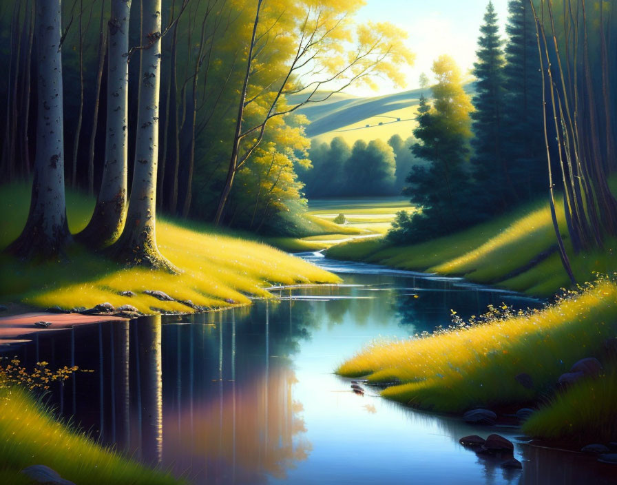 Tranquil landscape painting: stream, lush trees, warm sunlight