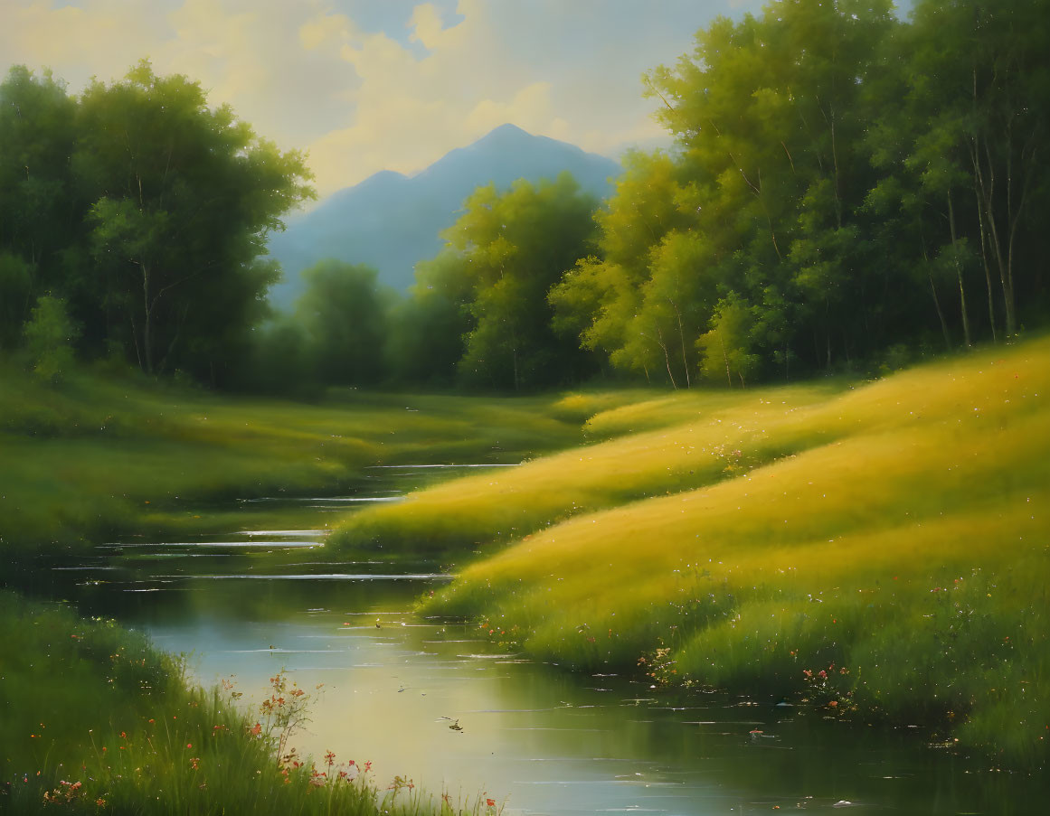 Scenic landscape with meandering stream, vibrant grassy banks, trees, and distant mountains.