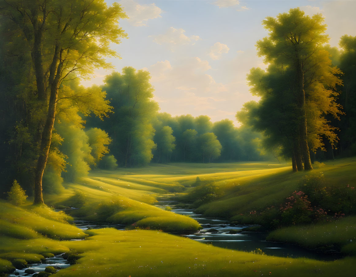 Tranquil landscape with meandering stream and lush green trees