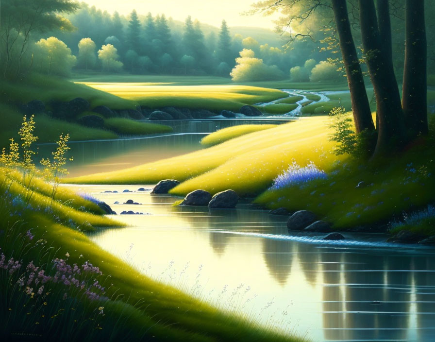 Serene landscape: winding river, lush greenery, blooming flowers