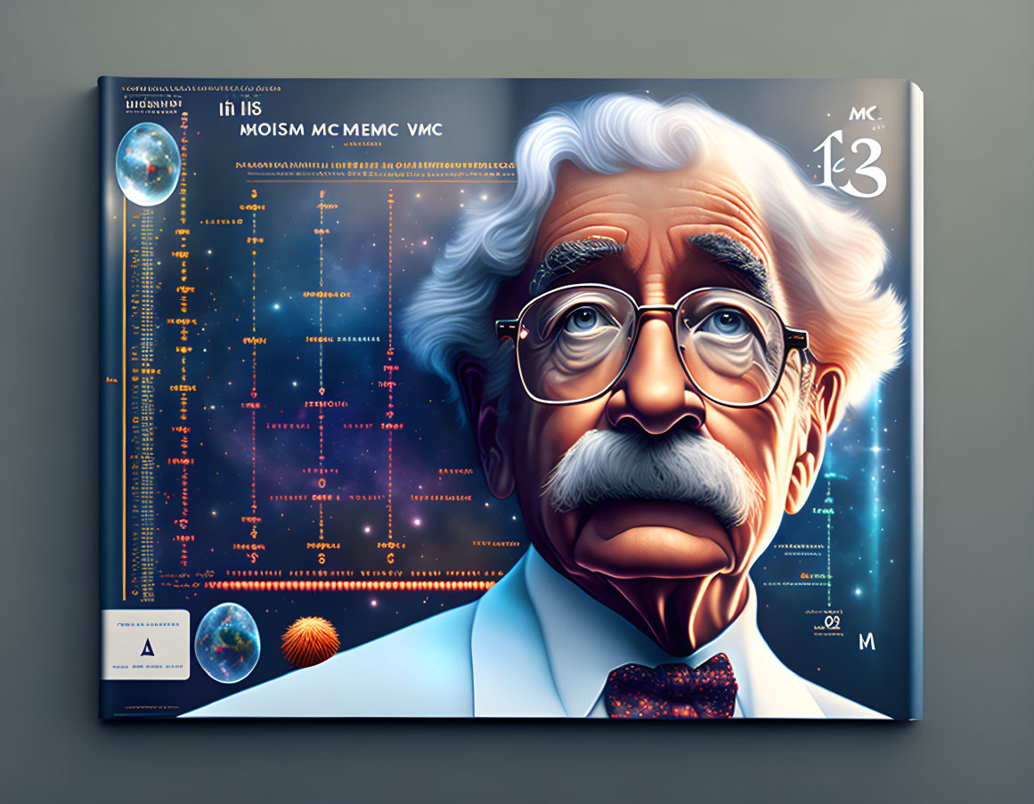 Magazine cover: Stylized portrait of elderly man with white hair and mustache, with scientific