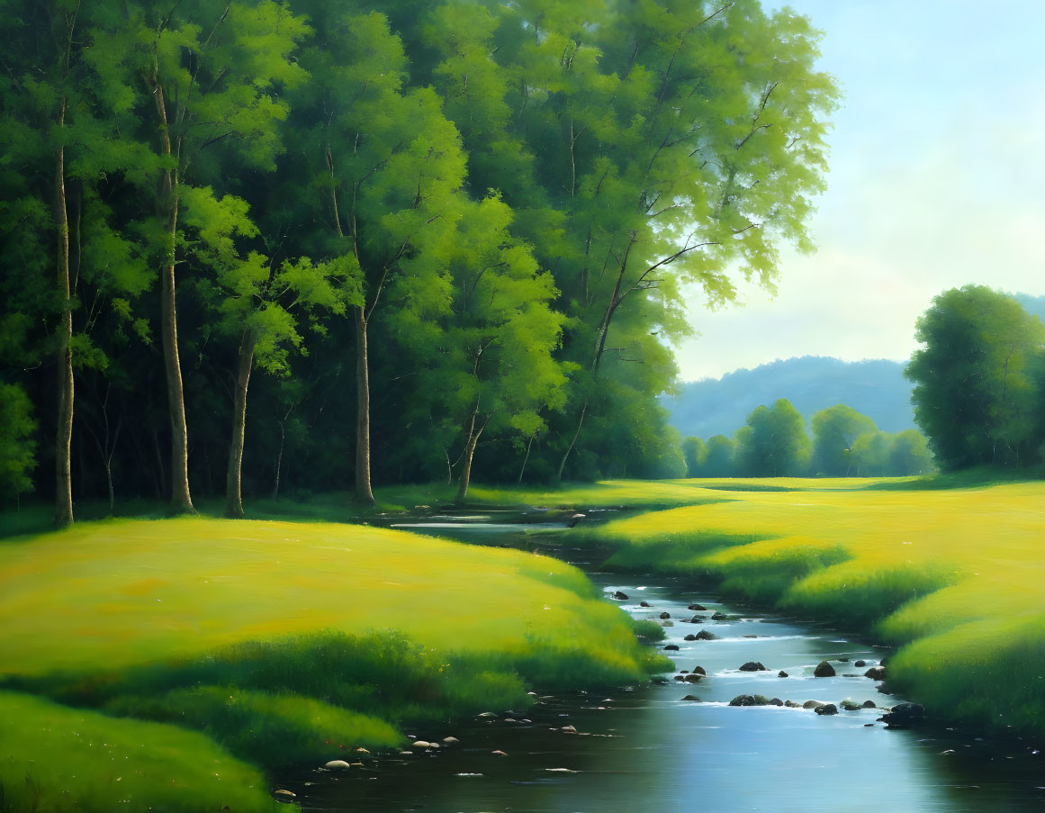 Tranquil landscape: meandering stream, lush meadow, verdant trees, distant hills