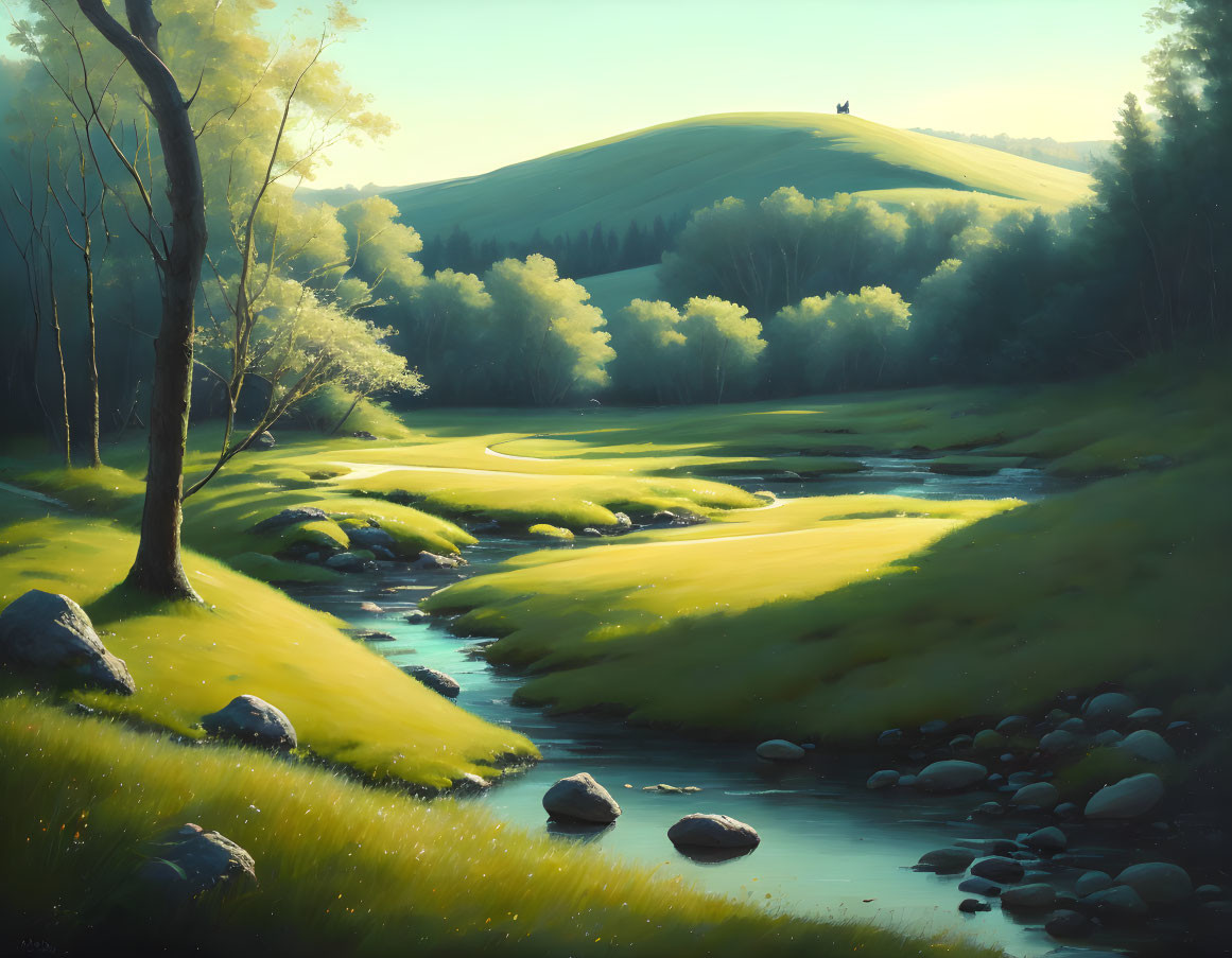 Tranquil landscape with stream, grassy banks, rocks, trees, and distant hill