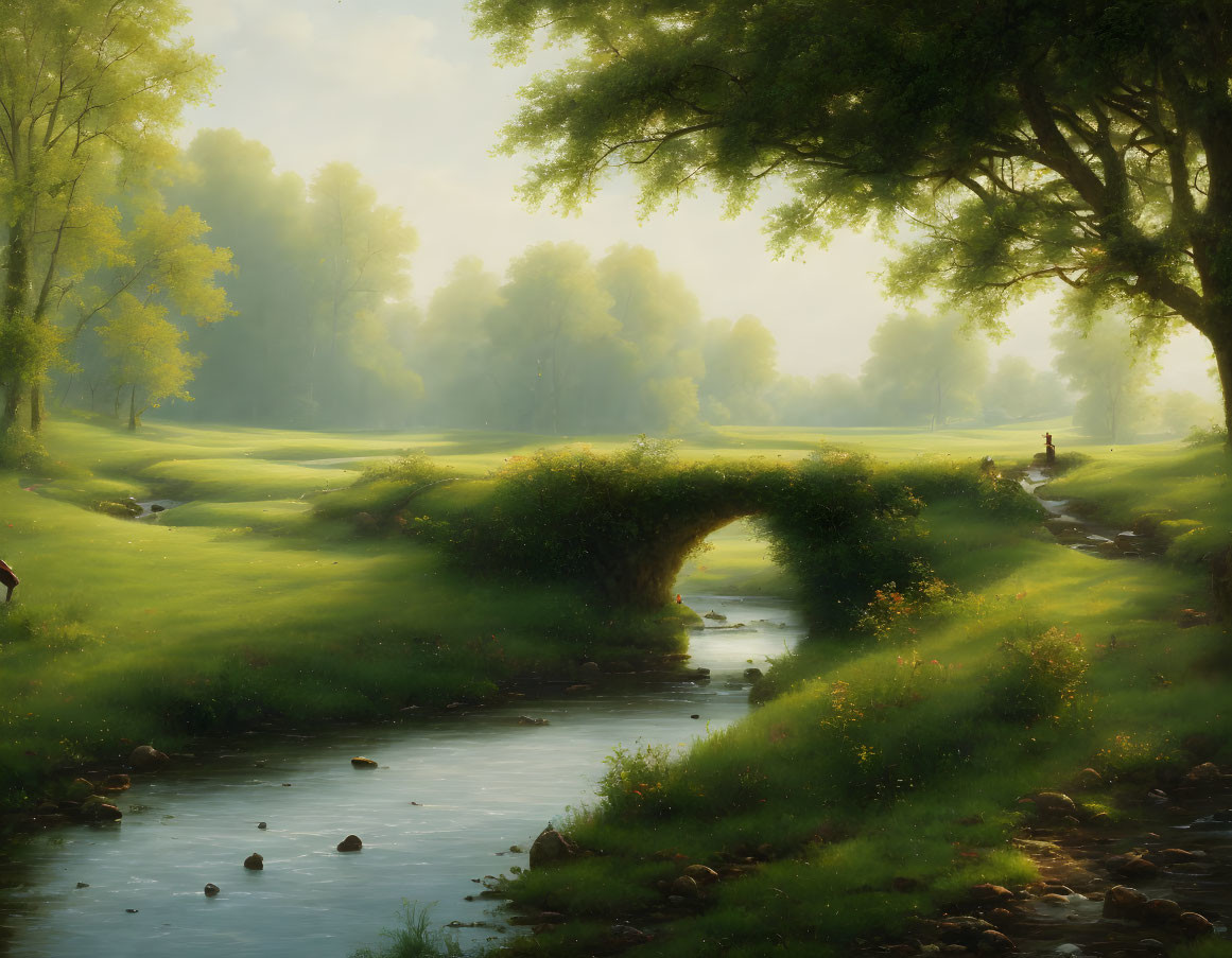 Tranquil Landscape: Stream, Stone Bridge, Sunlight