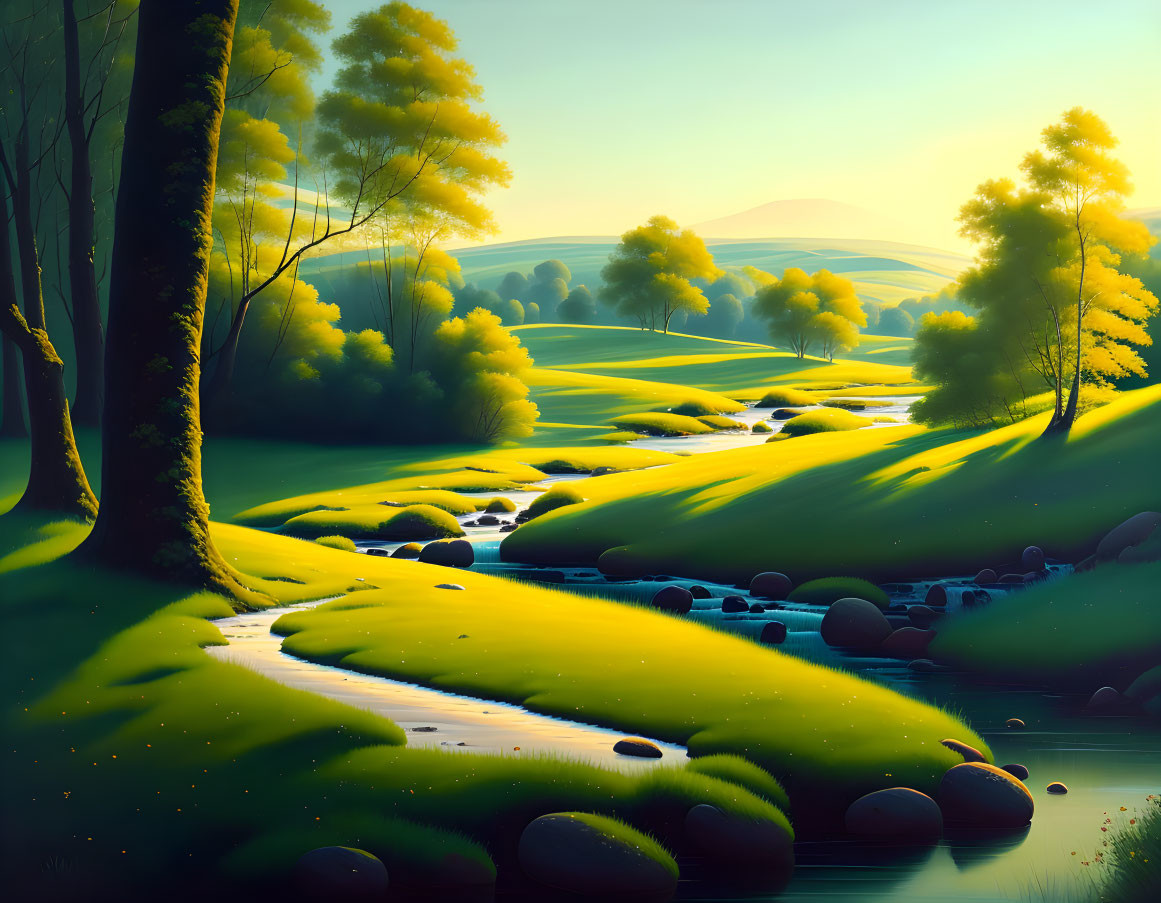 Vibrant trees and meandering stream in lush green landscape