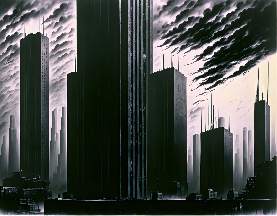 Monochromatic cityscape with towering skyscrapers under dramatic cloudy sky