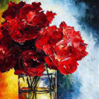 Vibrant red flowers in clear vase with dramatic color contrast