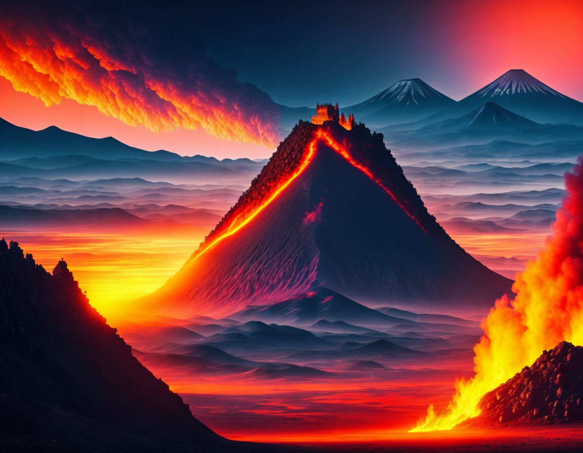 Fantasy landscape: castle on erupting volcano, lava rivers, mist, fiery sky