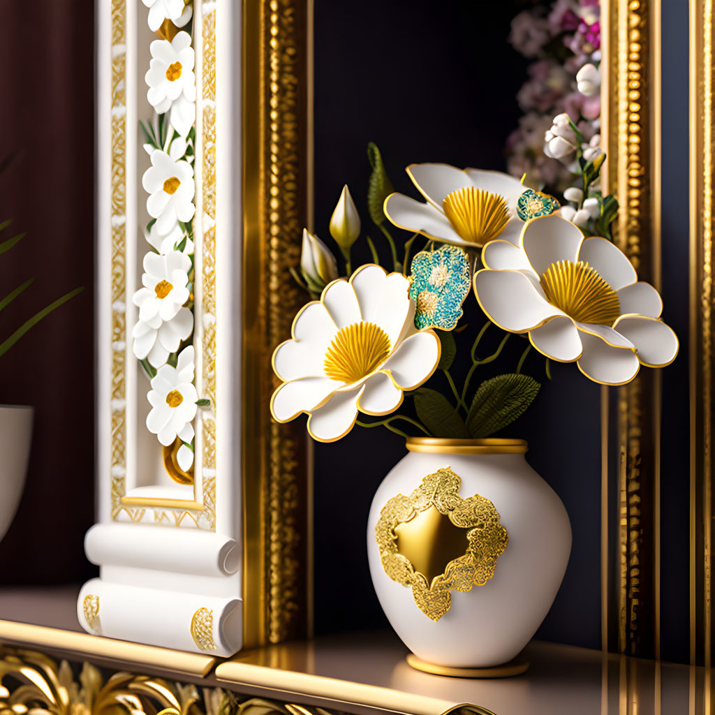 Luxurious 3D White and Gold Vase with Stylized Flowers on Dark Background