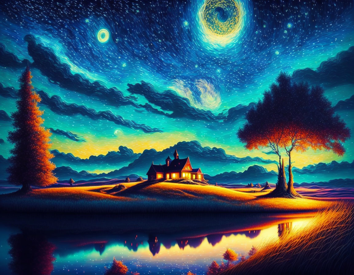 Surreal night landscape with glowing cottage, starry sky, and reflections