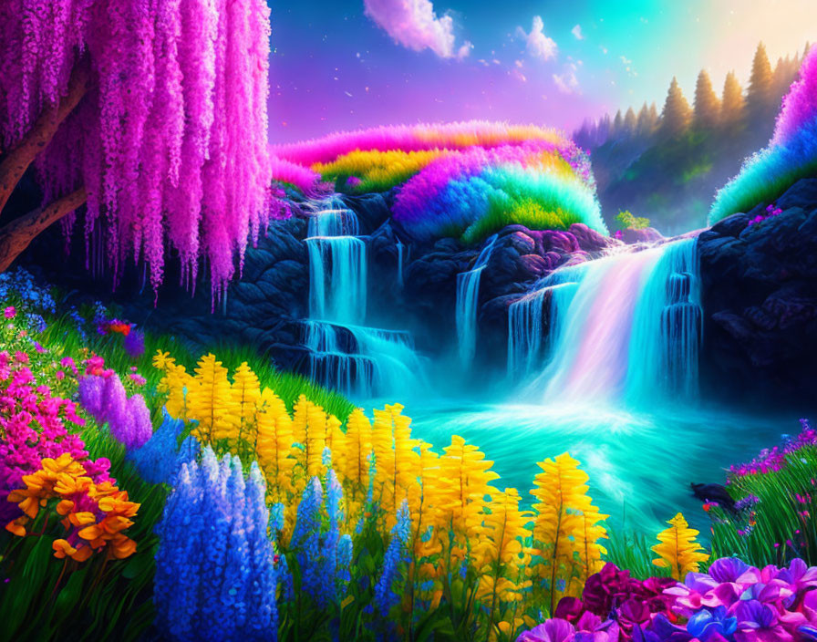 Surreal landscape with waterfall, colorful foliage, and blue river