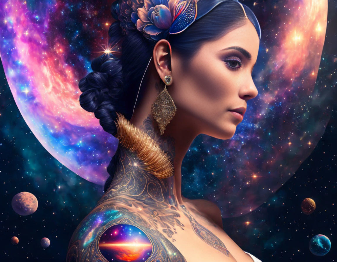 Cosmic-themed tattoo and hair accessory on woman in vibrant space background