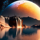 Surreal landscape with waterfalls, rocky terrain, reflective lake, and colorful planet.