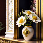 Luxurious 3D White and Gold Vase with Stylized Flowers on Dark Background