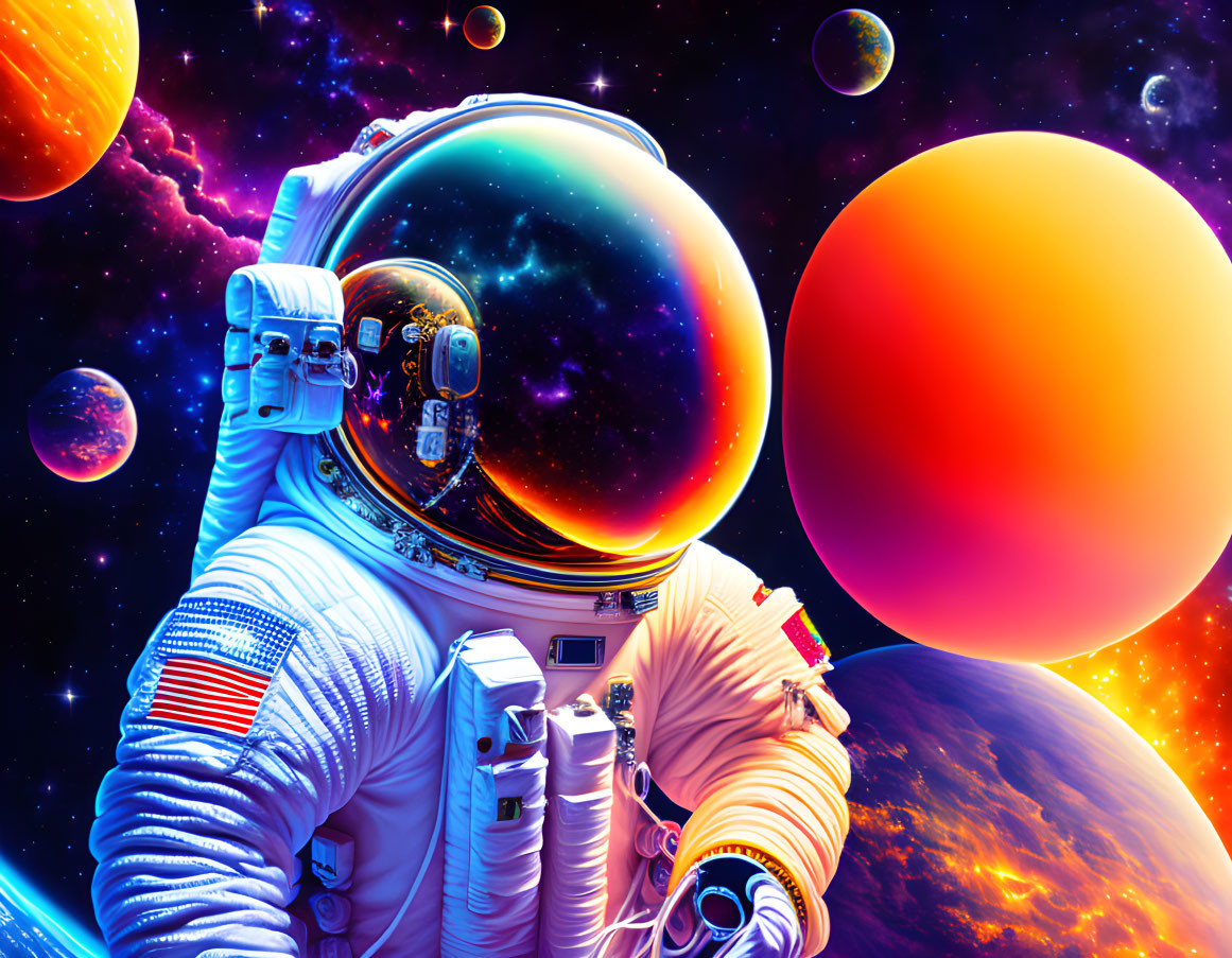 Astronaut in spacesuit surrounded by vibrant planets and stars