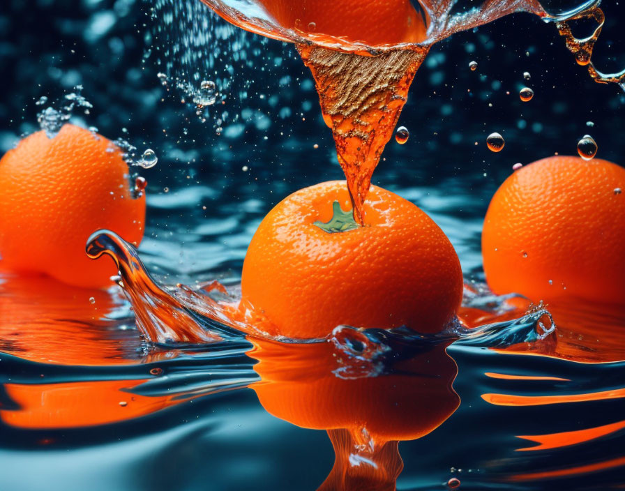 Vibrant orange splashed with water on blue background